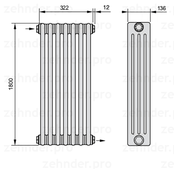 Схема (чертеж) Радиатор Zehnder Charleston 4180/7 №1670 Белый глянцевый RAL 9016